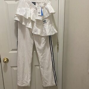 JKOO Adidas White Track Pants with Ruffle and Black Stripes
